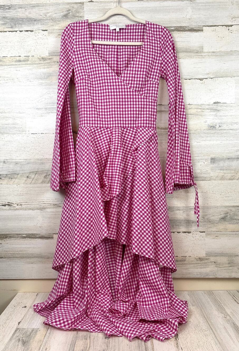 Caroline Constas XS Pink White Plaid Maxi Dress Designer Coastal Romantic